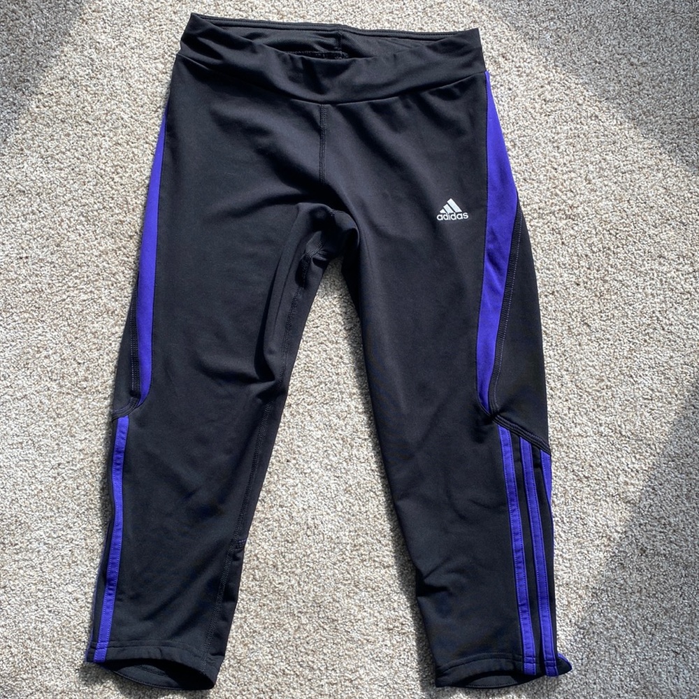 Adidas climalite black and purple capri leggings. Size S
